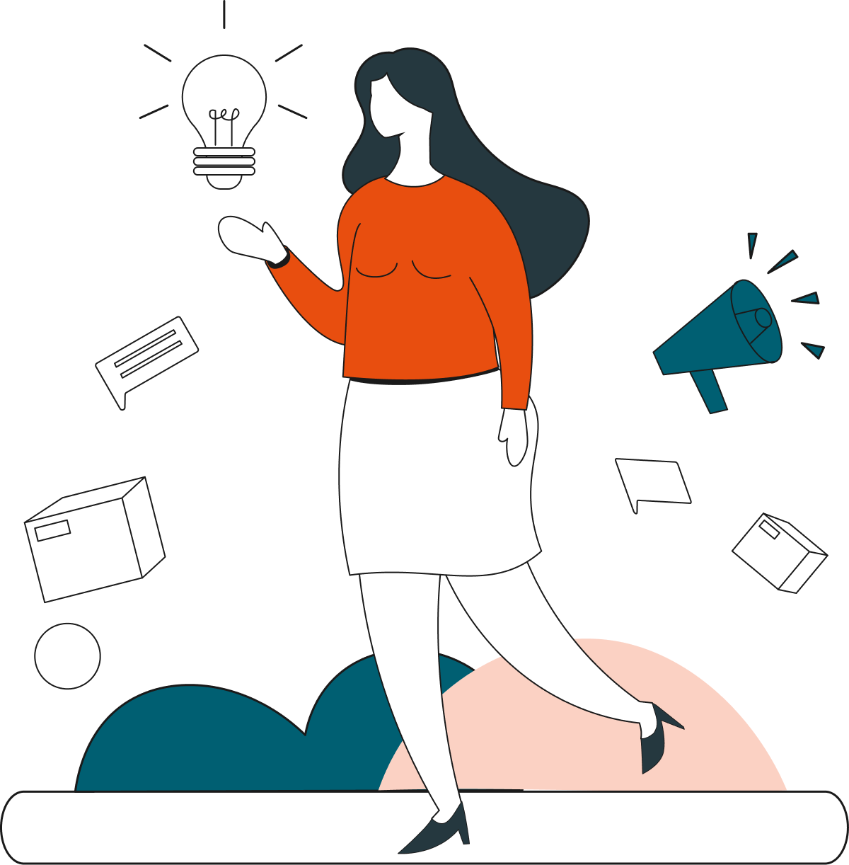 An illustration of a woman surrounded by various icons, the most prominent one being a lightbulb.