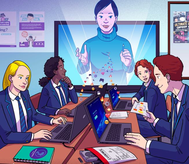 Cartoon image of four school pupils using laptops while observing a hologram.