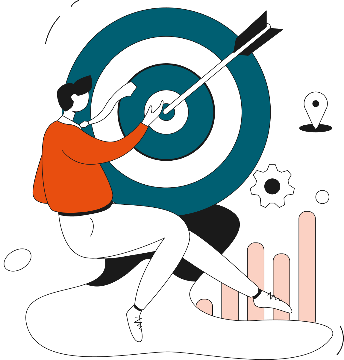 Illustration showing a person removing a dart from the bullseye position on a dartboard.