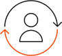 Icon of a person's head and shoulders in the middle of a black and orange circle with arrow marks on it.
