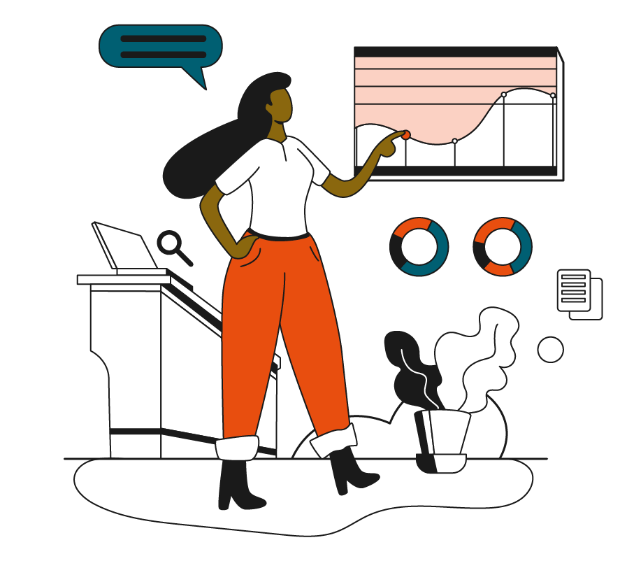 An illustration of a woman standing up and working with an artboard.