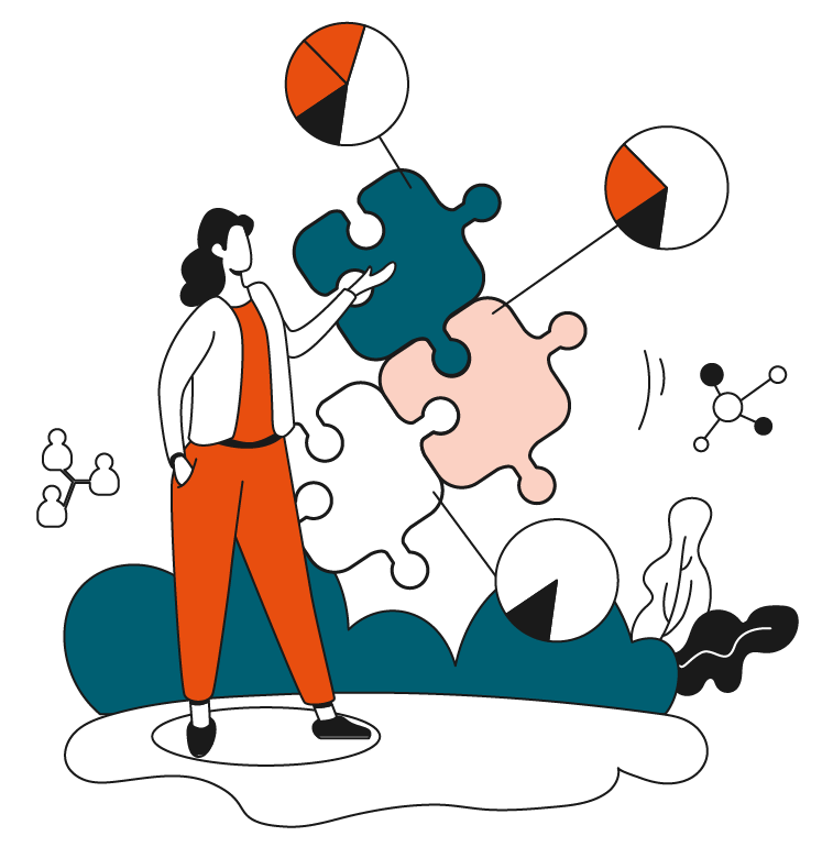 An illustration showing a person looking at pieces of a jigsaw puzzle.
