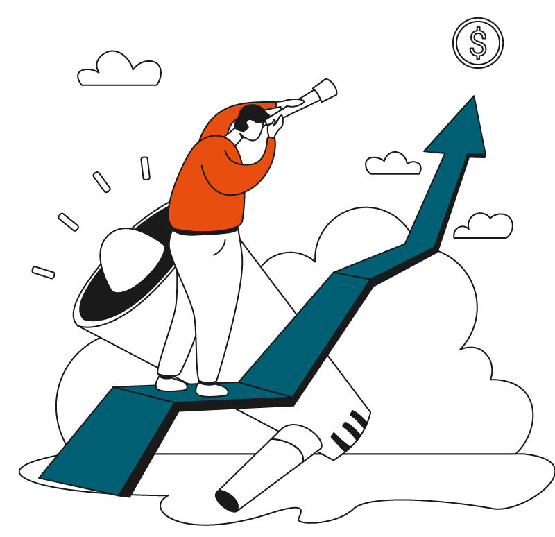 An illustration of a person looking through a telescope while standing on a blue upwards arrow.