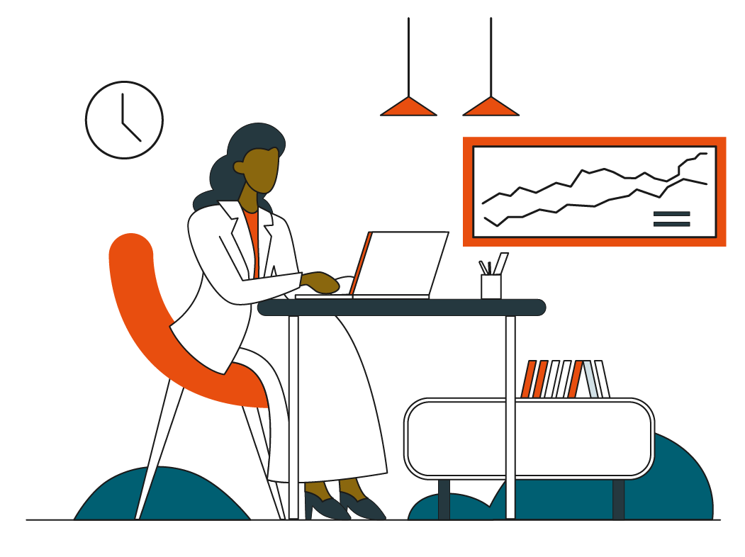 An illustration showing a woman working on a laptop at her desk.