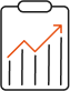 Icon of a clipboard with orange upwards arrow on it.