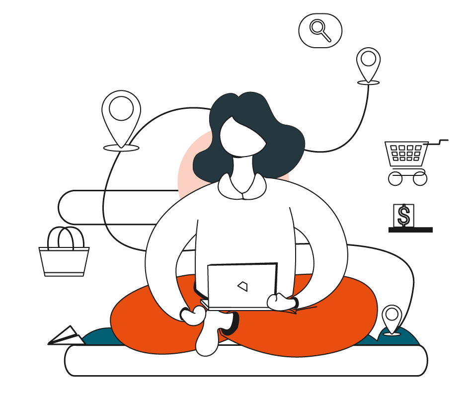 An illustration of a woman sitting down with her legs folded, using a laptop, while surrounded by various icons.