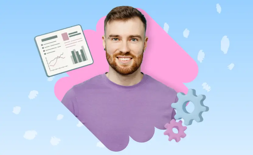 A head shot of a man in front of a blue background. A graph icon is next to his right shoulder and a Wi Fi signal icon is next to his left shoulder.